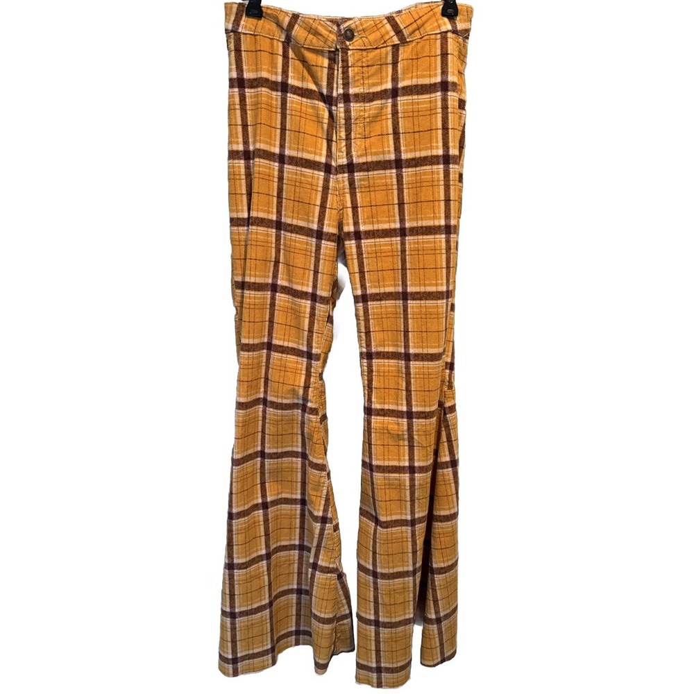Free People Mustard Plaid Stretchy Bell Bottom Flared Pants Size 29 Hippy Boho